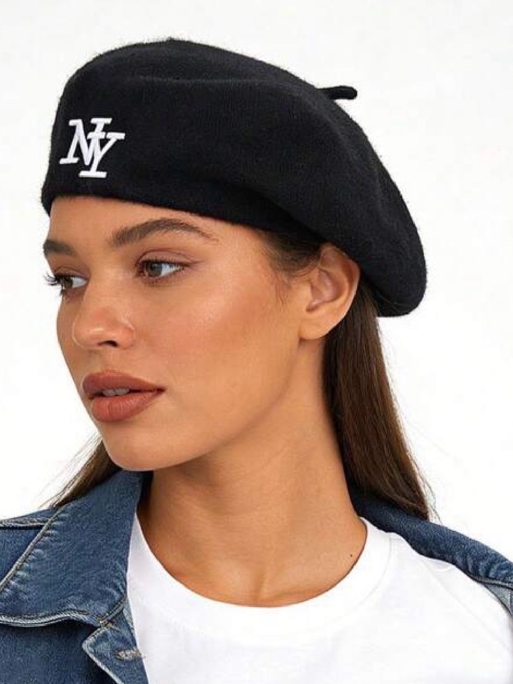 NY Embroidered Black Wool Beret - Women